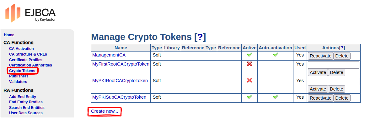 CA Functions - Crypto Tokens - Create new