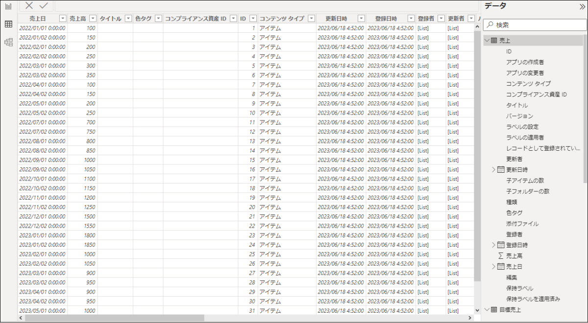 実装2.0　表示モード：すべて - SharePoint リストから全ての列を取得します の場合